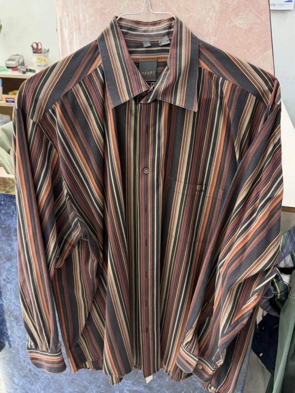 HAUPT Men’s Long-Sleeve Striped Dress Shirt — Brown Multi